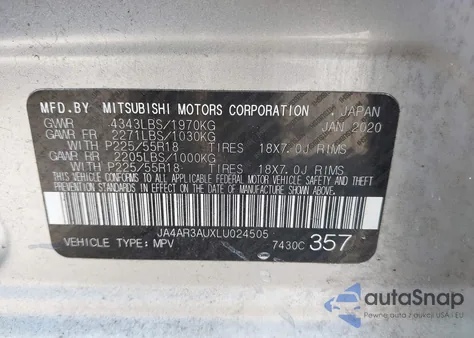 2020 Mitsubishi Outlander Sport 2.0 Se Awc из США, поврежденный, VIN JA4AR3AUXLU024505